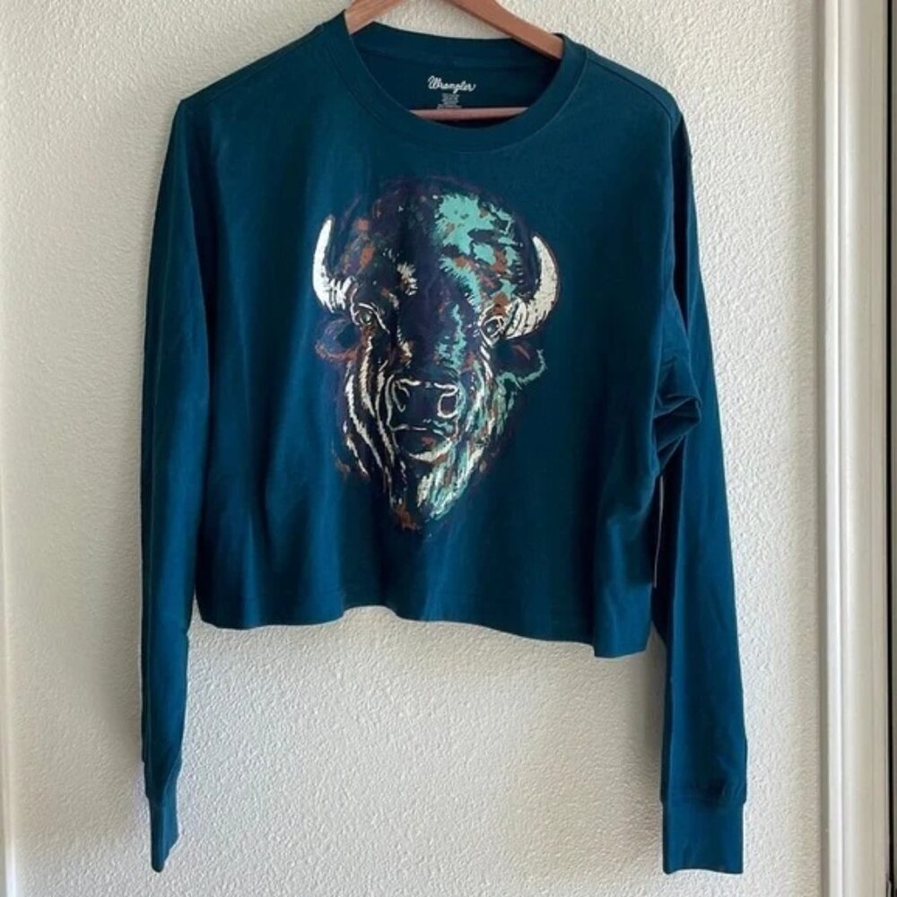 Wrangler Women's Long Sleeve Retro Relaxed Crop Buffalo T-Shirt - Dark Teal NWT!